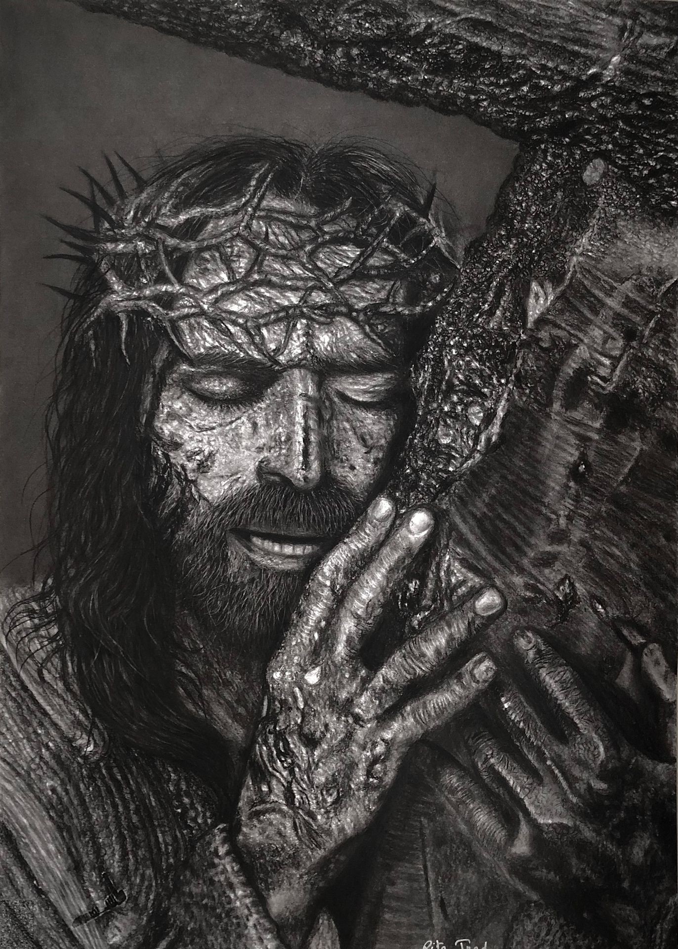 Charcoal drawing depicting someone wearing a crown of thorns and holding a rugged wooden cross.